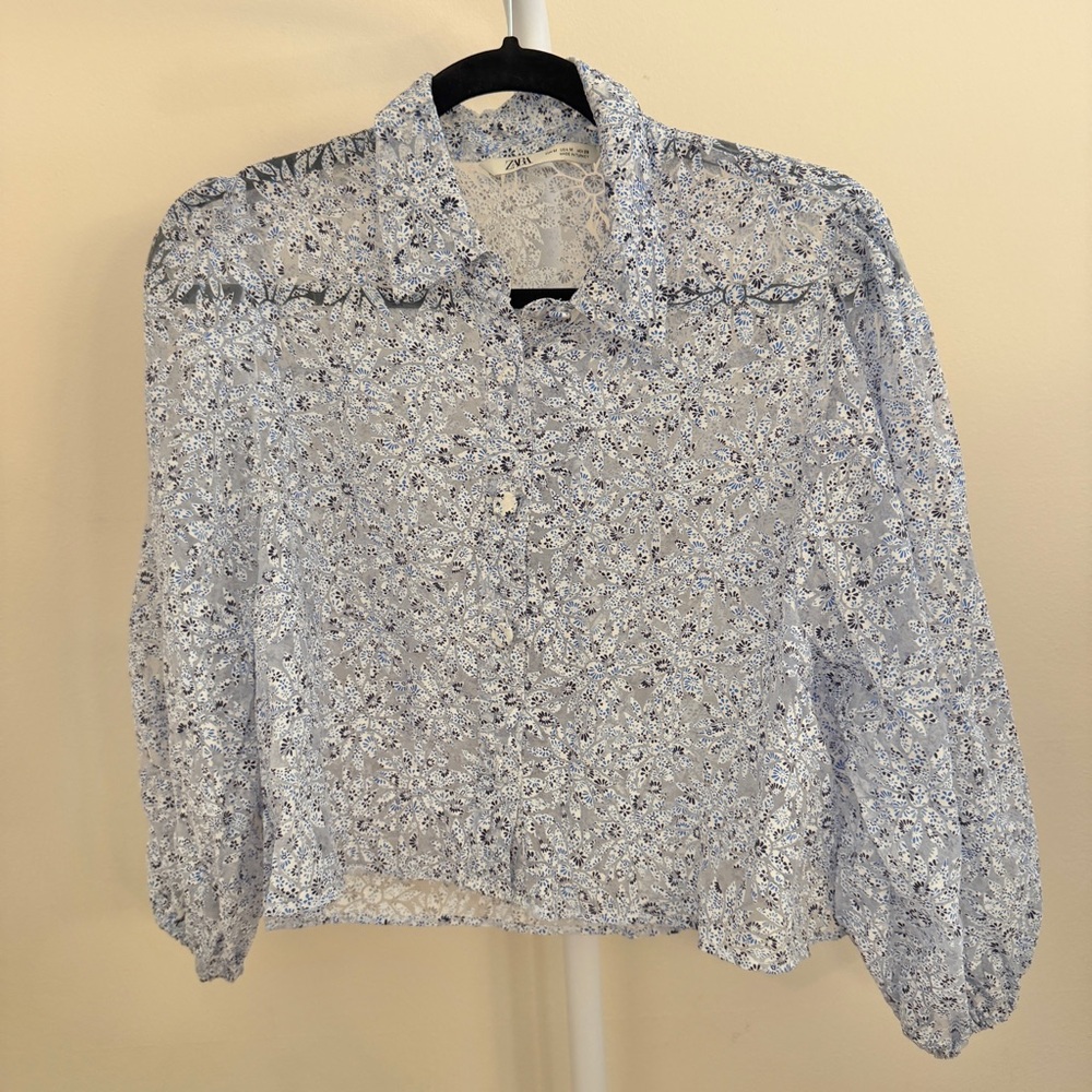 Zara Sheer Light Blue Floral Button Down Puff Sleeve Blouse